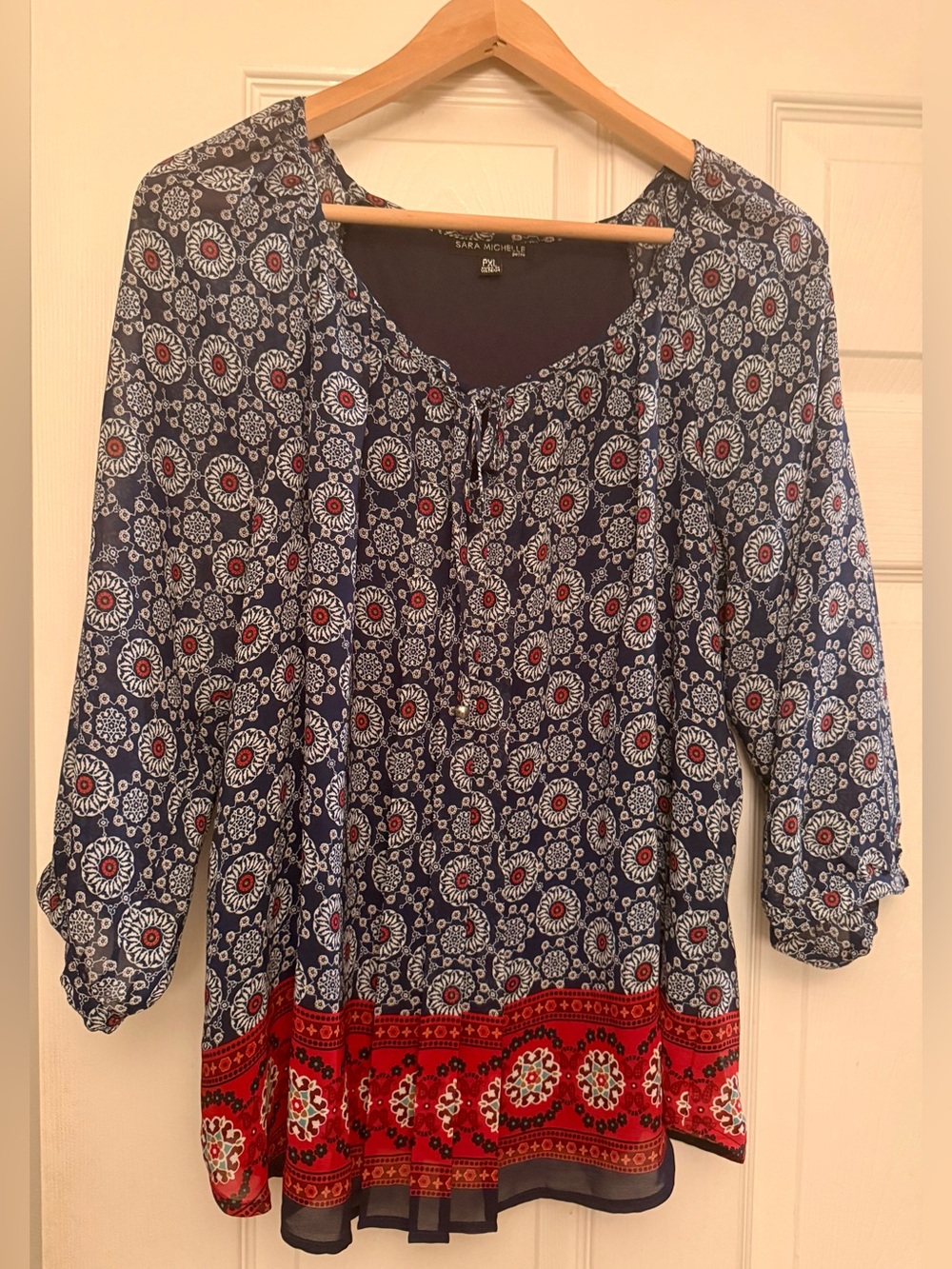 Sara Michelle Navy Floral Peasant Tunic with Red Border